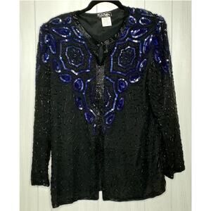 Ladies 80s Vintage Creative Creations 100% Silk Embellished Jacket Topper Size M